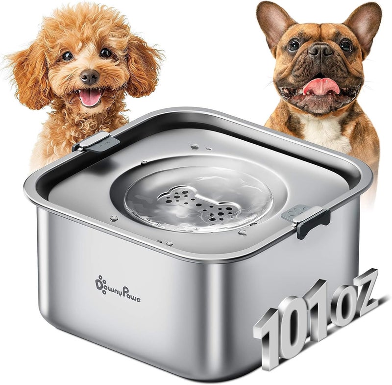 DownyPaws No Spill Water Bowl for Dogs,101oz/3L Stainless Steel Slobber Stopper, No Drip Slow Drinking Dog Water Bowl, No Mess Dog Water Dispenser Spill Proof, Dishwasher Safe, Silver - Image 1